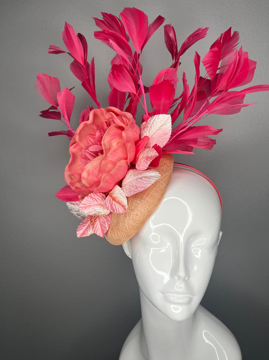 Coral Peony and Fuchsia Feather Fascinator on Peach Sinamay Base