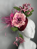 Pink Peony & Fuchsia Orchid Feather Fascinator on Deep Berry Base