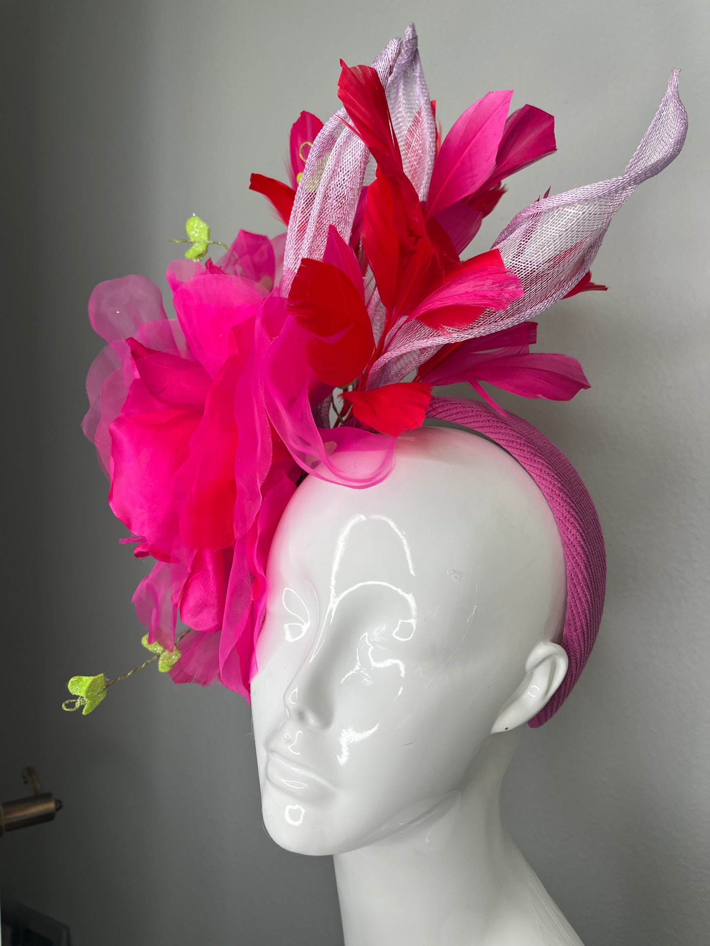 Hot Pink Oversized Organza Bloom Fascinator with Red Feathers & Sculpted Sinamay