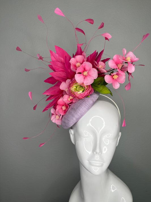 Pink Blossom & Feather Spray Fascinator on Lavender Base Hat