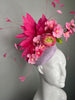 Pink Blossom & Feather Spray Fascinator on Lavender Base Hat