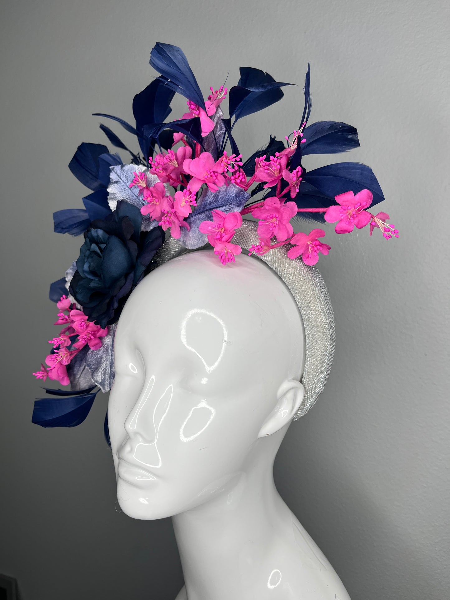 Navy Feather and Vintage Fuchsia Blossom Statement Fascinator on Silver Headband