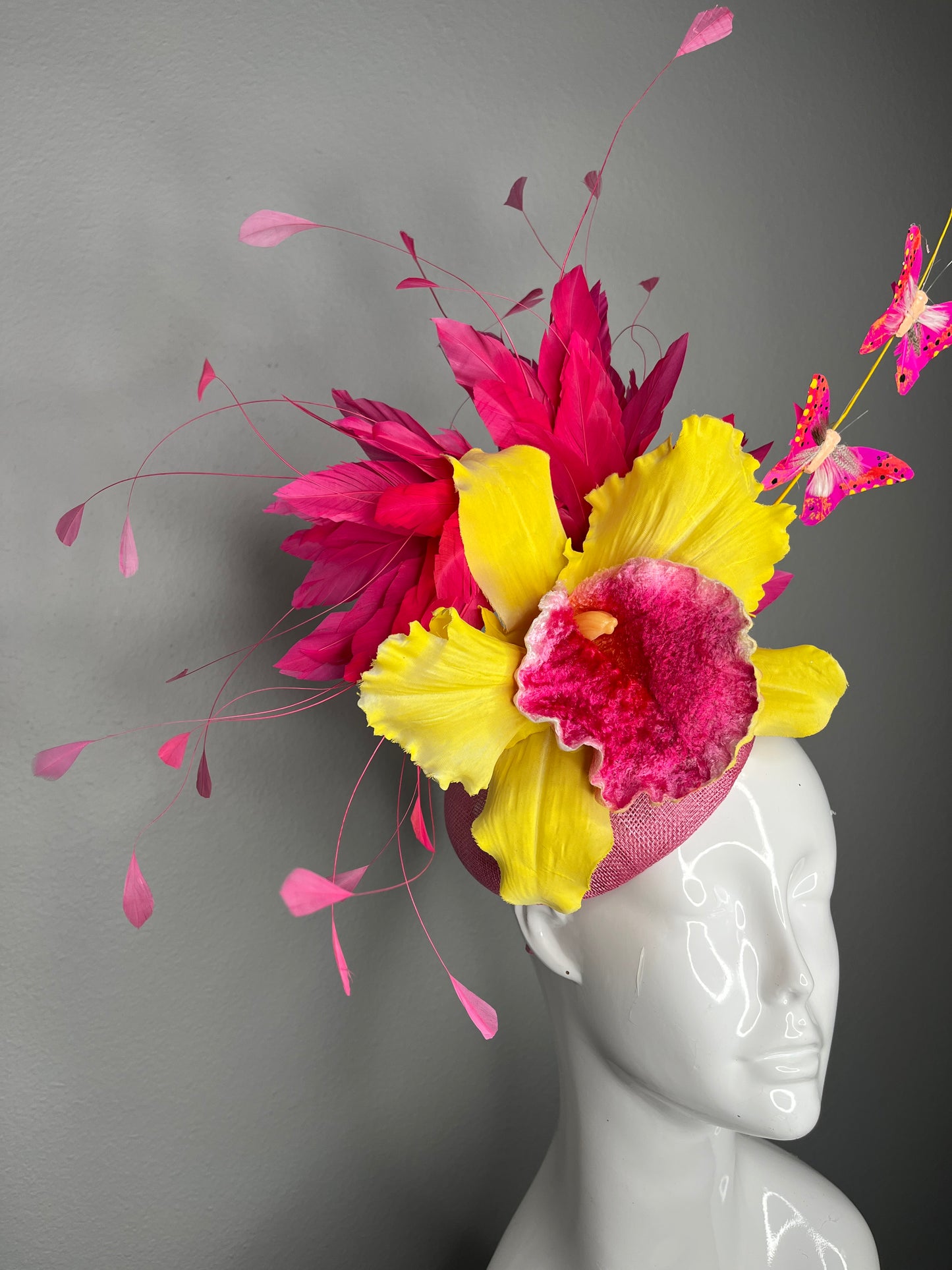 Hot Pink Feather and Yellow Orchid Statement Fascinator with Butterfly Accents