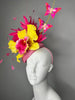 Hot Pink Feather and Yellow Orchid Statement Fascinator with Butterfly Accents