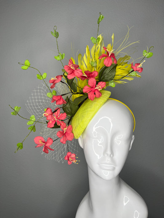 Lemon Yellow Halo Fascinator with Vintage Coral Blossoms and Green Vine Sprays