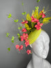 Lemon Yellow Halo Fascinator with Vintage Coral Blossoms and Green Vine Sprays