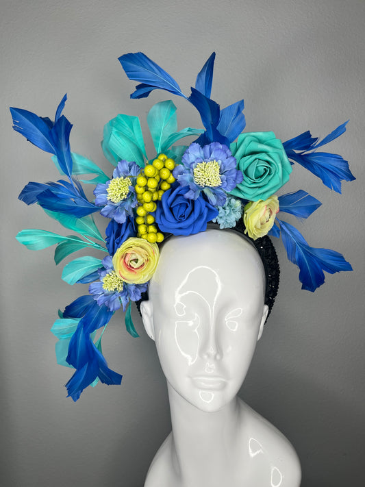 Blue and Teal Feathered Garden Crown with Berry Accents Fascinator Hat