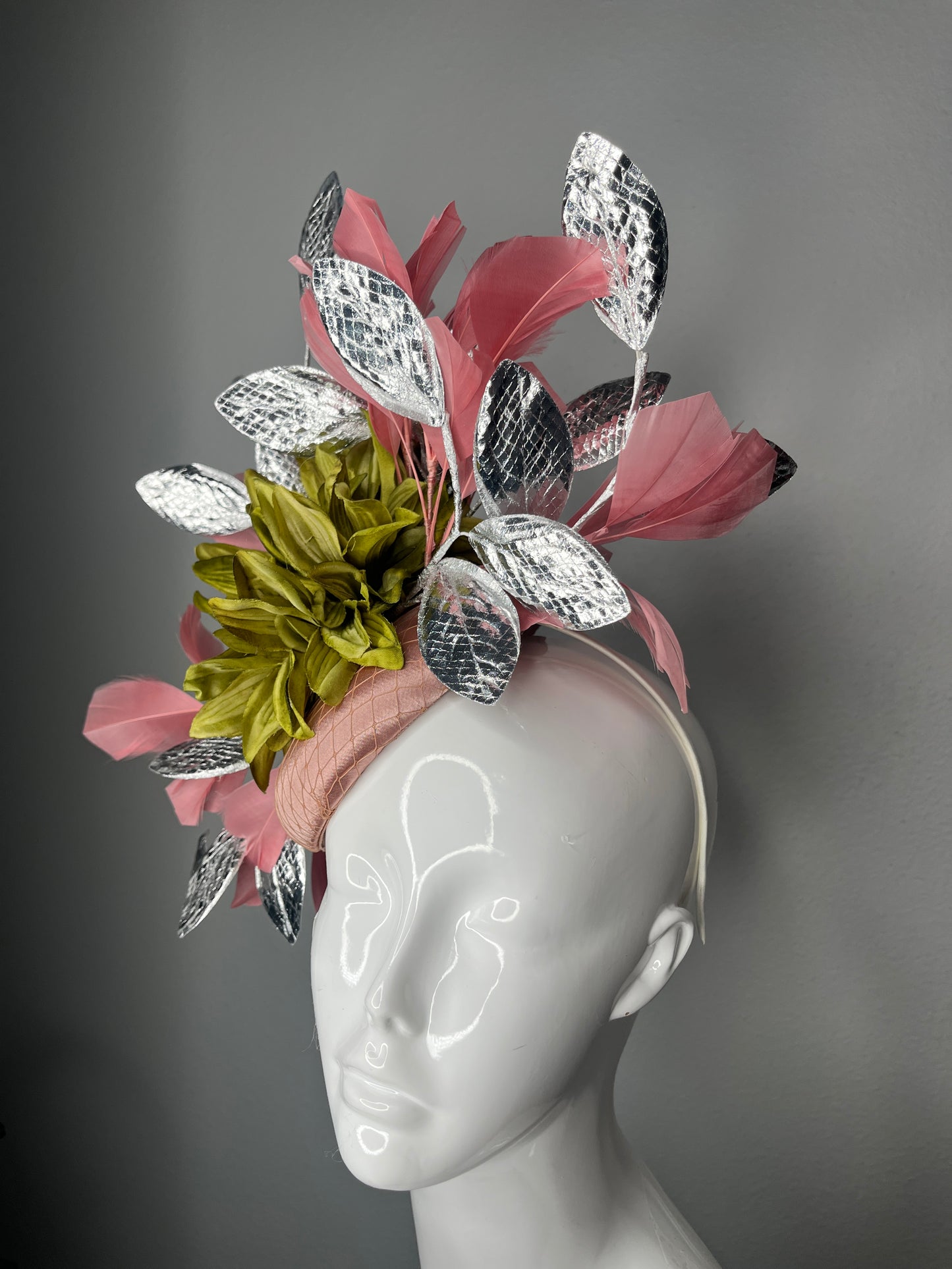 Blush Pink Fascinator with Silver Metallic Leaves and Green Dahlia Bloom