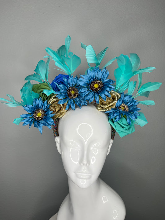 Turquoise and Blue Floral Crown Fascinator | Feather Headpiece | Kentucky Derby Hat | Couture Statement Fascinator