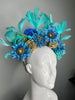 Turquoise and Blue Floral Crown Fascinator | Feather Headpiece | Kentucky Derby Hat | Couture Statement Fascinator