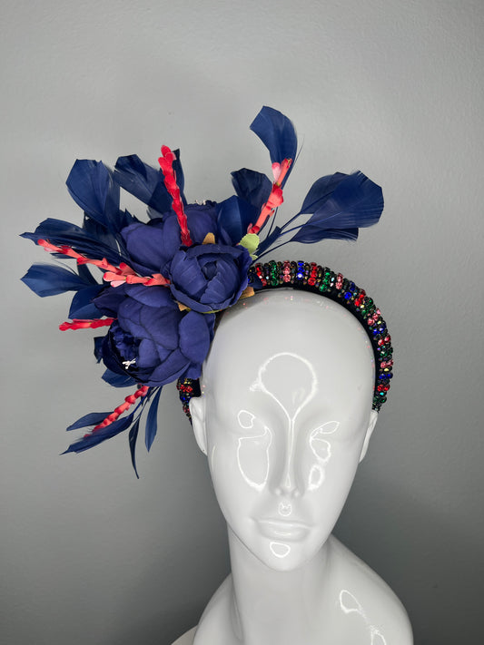 Navy and Red Floral Fascinator | Feather Crown Headpiece | Kentucky Derby Hat | Couture Statement Fascinator