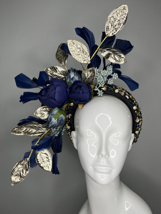 Navy Gold Statement Fascinator Derby Headpiece, Royal Blue and Gold Headband