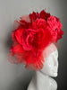 Red Rose Fascinator • Dramatic Derby Headpiece with Layered Organza & Feathers • Kentucky Derby Hat • Statement Floral Headband