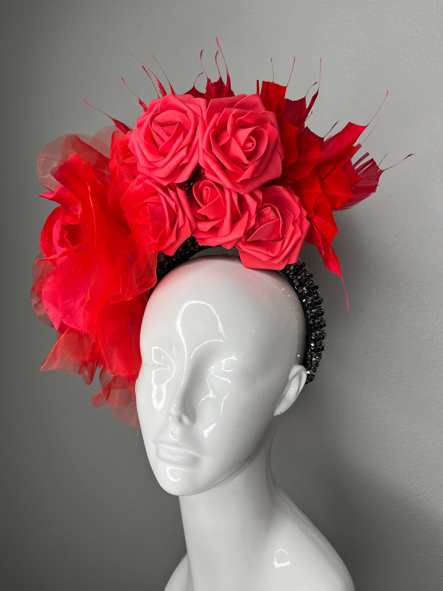 Red Rose Fascinator • Dramatic Derby Headpiece with Layered Organza & Feathers • Kentucky Derby Hat • Statement Floral Headband