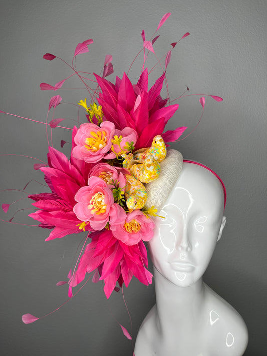 Hot Pink Floral Fascinator with Birds • Kentucky Derby Hat • Spring Garden Headpiece • Statement Pink Feather Fascinator
