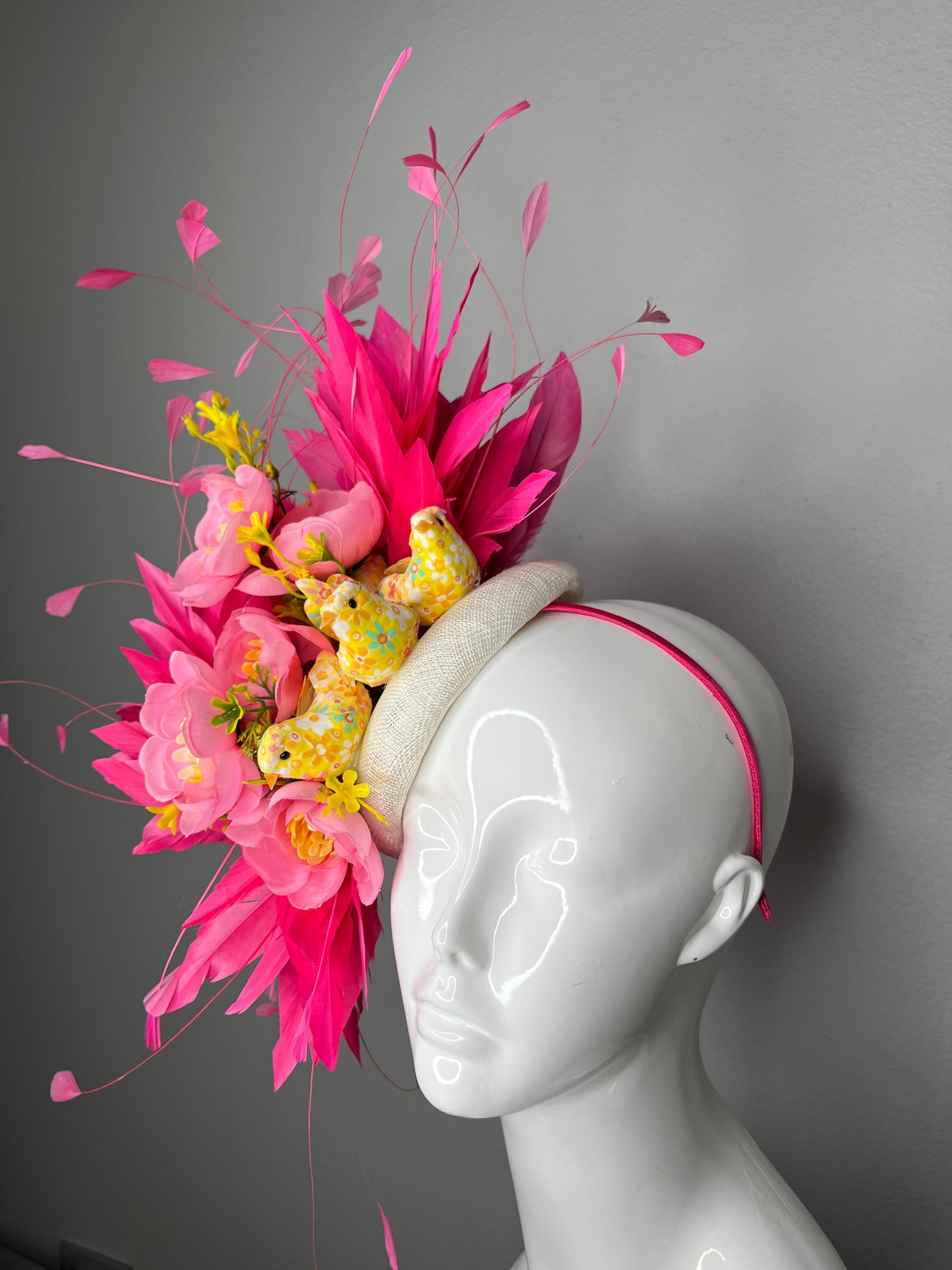 Hot Pink Floral Fascinator with Birds • Kentucky Derby Hat • Spring Garden Headpiece • Statement Pink Feather Fascinator