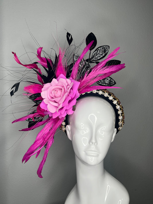 Hot Pink & Black Feather Fascinator with Rose Detail | Couture Kentucky Derby Headpiece | Statement Race Day Headband