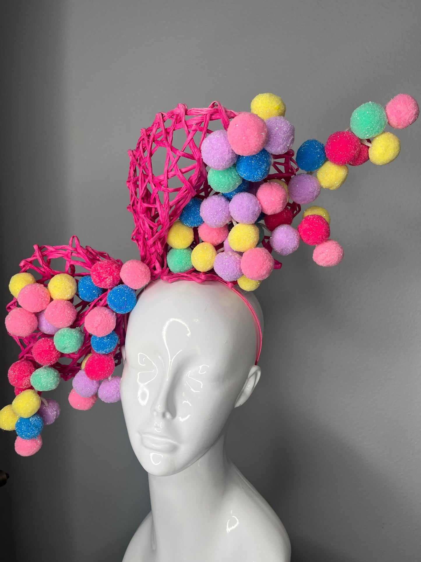 Hot Pink Sculptural Fascinator with Pastel Pom-Pom Details | Playful Couture Derby Headpiece | Statement Race Day Hat