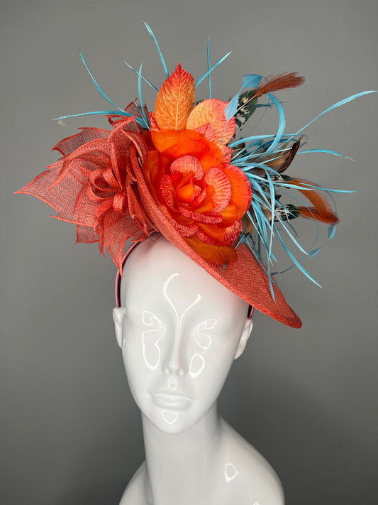 Handcrafted Orange Sinamay and Turquoise Fascinator Feather Hat
