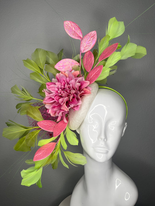 Pink Dahlia & Lime Green Feather Fascinator | Kentucky Derby Headpiece | Statement Floral Hat | Spring Racing Headwear