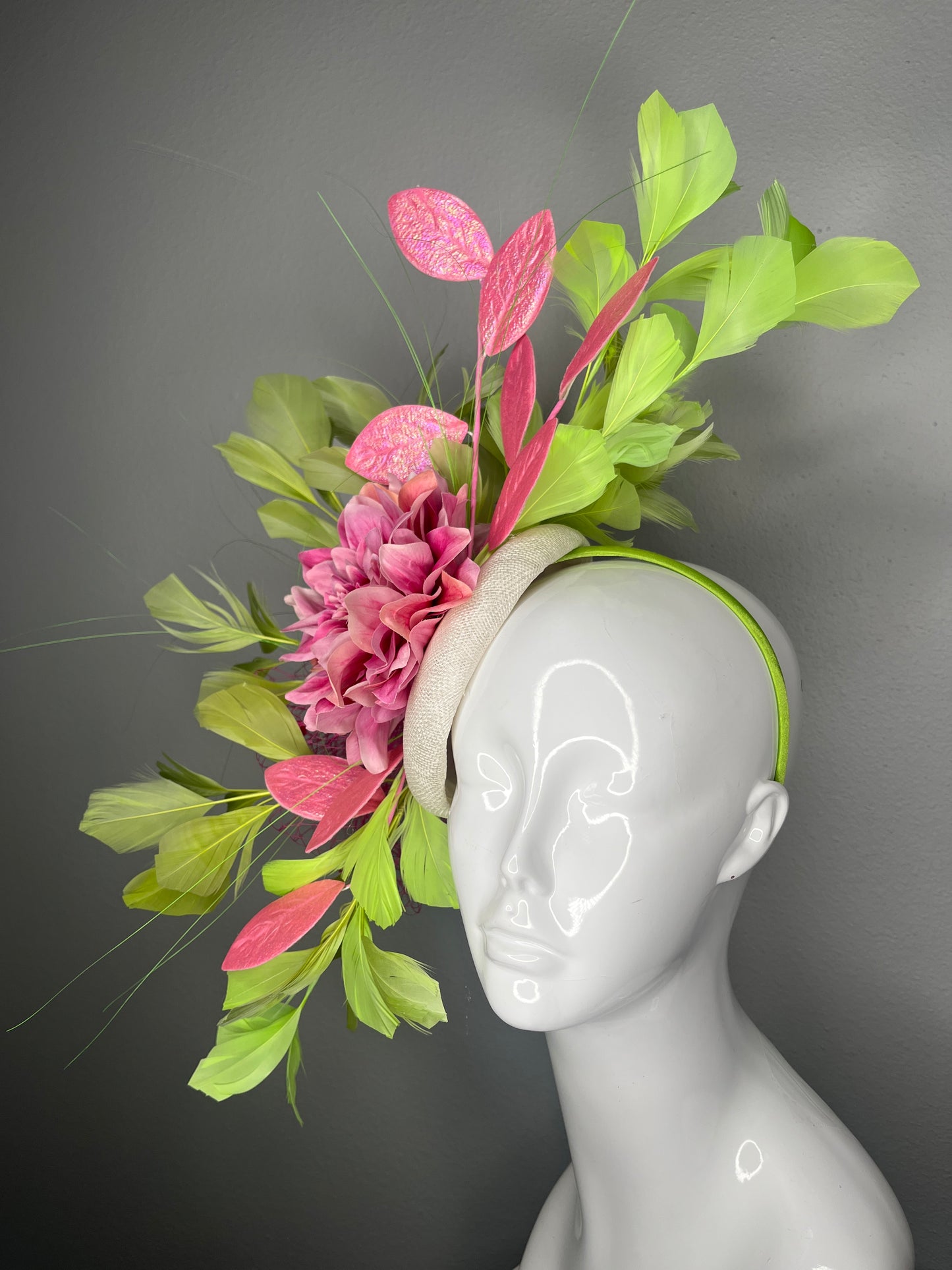 Pink Dahlia & Lime Green Feather Fascinator | Kentucky Derby Headpiece | Statement Floral Hat | Spring Racing Headwear