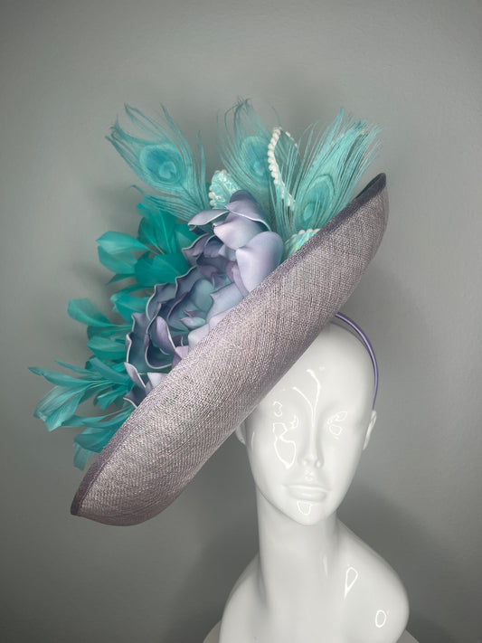 Lavender Purple & Teal Kentucky Derby Fascinator with Peacock Feathers and Sculpted Flower
