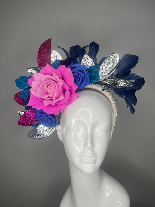 Hot Pink & Royal Blue Derby Fascinator • Bold Floral Headpiece with Silver Leaves • Statement Kentucky Derby Hat