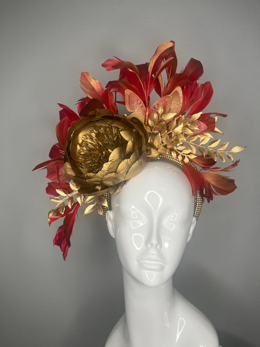 Golden Gilded Ember Feather Fascinator Hat