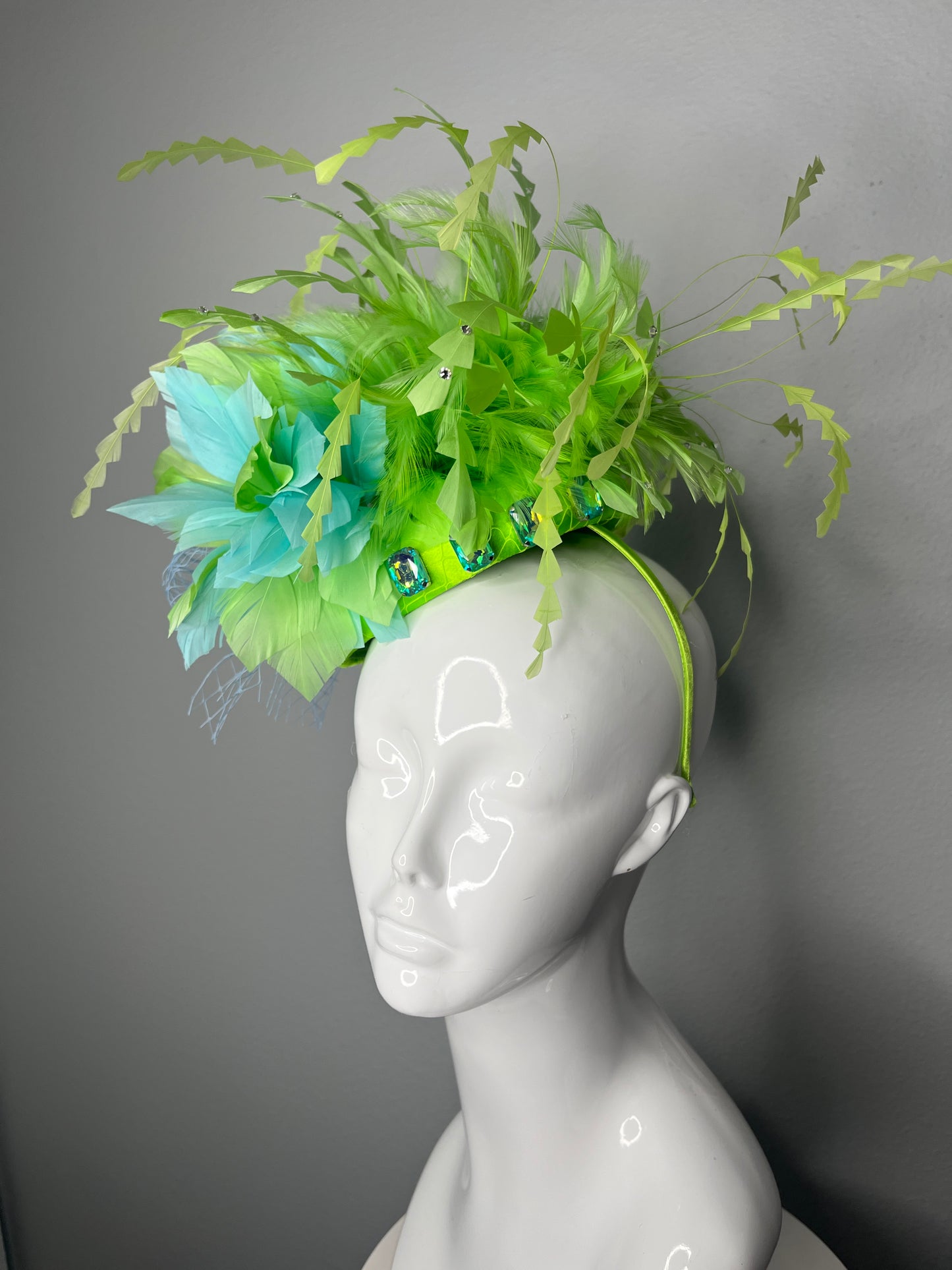 Green & Aqua Feather Flower Fascinator with Crystal Accents – Kentucky Derby Statement Headpiece
