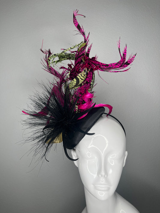 Black, Fuchsia and Green Pheasant Feathers Fascinator Hat