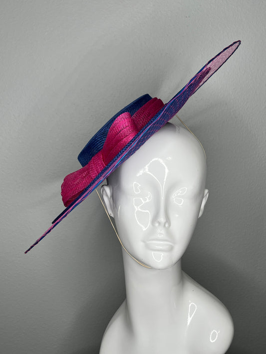 Navy and Magenta Sinamay Disc Fascinator with Sculpted Bow – Kentucky Derby Oaks Day Headpiece