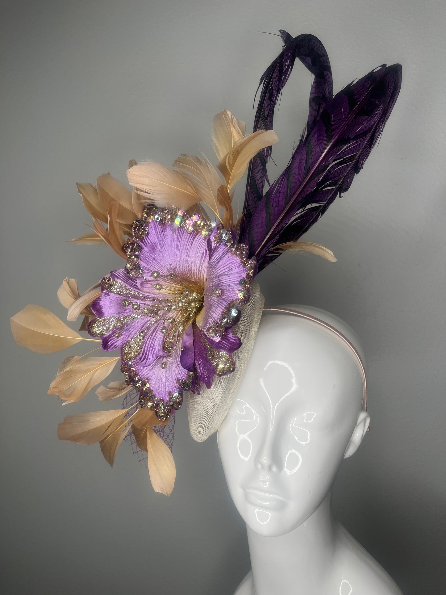 Purple & Gold Statement Fascinator with Beaded Flower and Feather Accents – Kentucky Derby Headpiece
