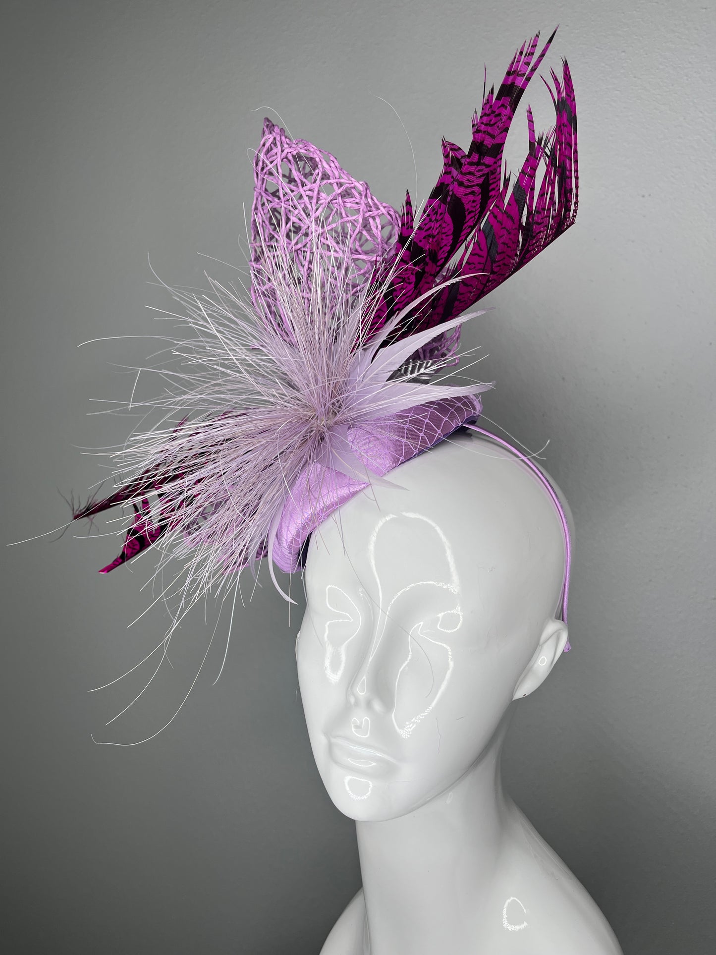 Sculptural Purple Fascinator with Magenta Feathers – Couture Race Day Headpiece