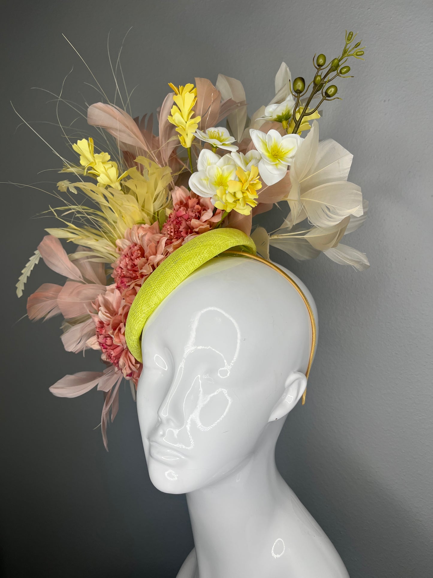 Kentucky Derby Floral Fascinator | Blush & Soft Yellow Blooms on Chartreuse Base | Couture Race Day Headpiece