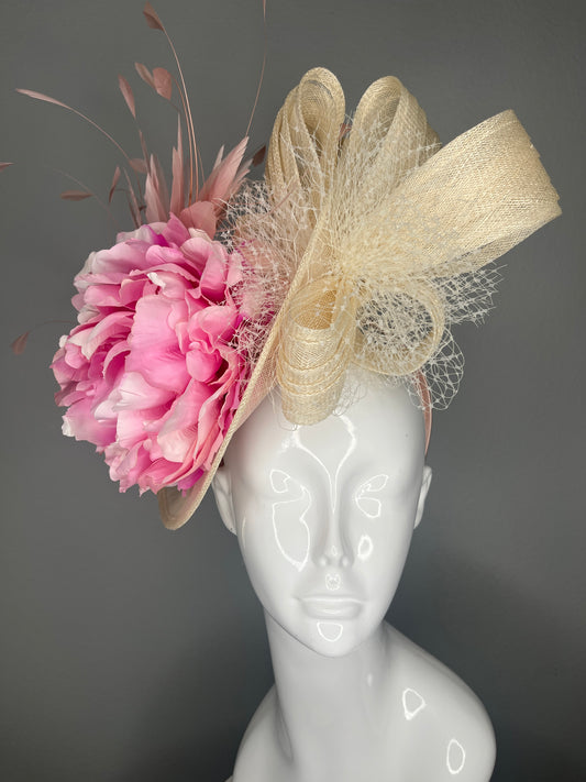 Pink Blush Peony & Natural Sinamay Statement Fascinator Hat