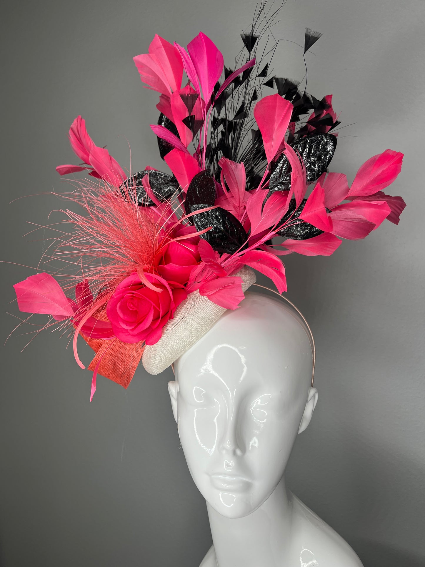 Hot Pink & Black Statement Fascinator with Rose Detail | Kentucky Derby Headpiece