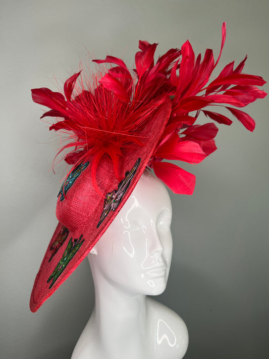 Crimson Butterfly Feather Fascinator | Hand-Embellished Red Statement Hat for Kentucky Derby, Oaks & Special Events