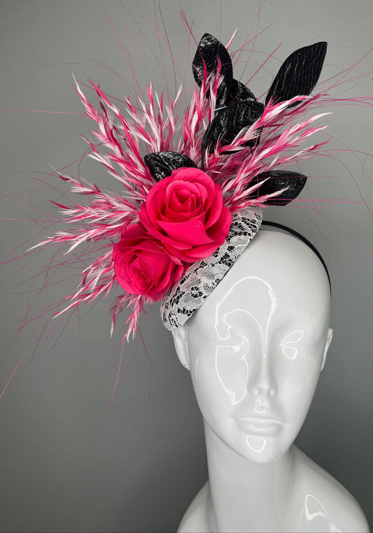 Hot Pink Rose and Black Statement Fascinator with Feather Detailing