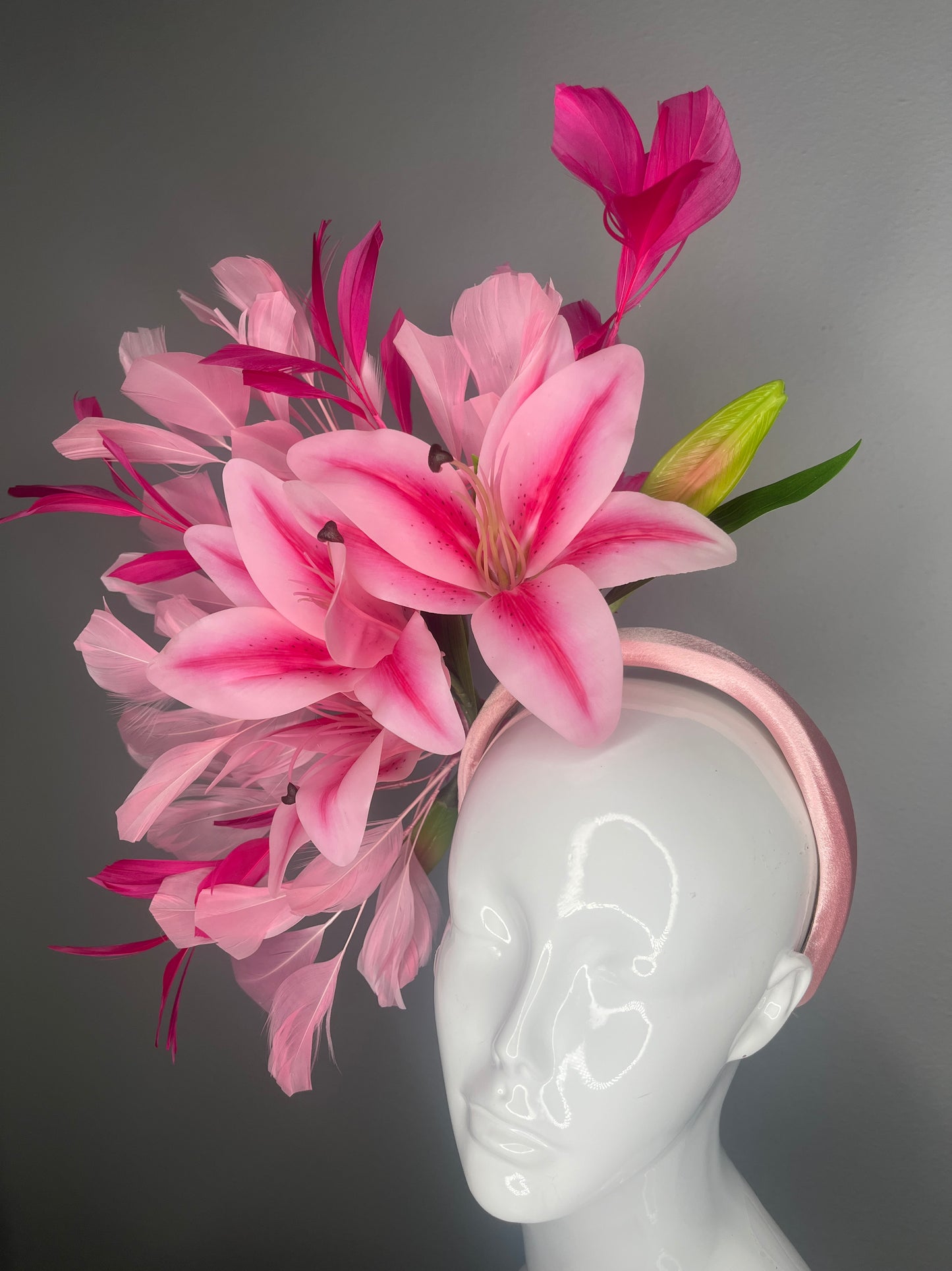 Blush & Fuchsia Stargazer Lily Statement Fascinator with Feather Cascade