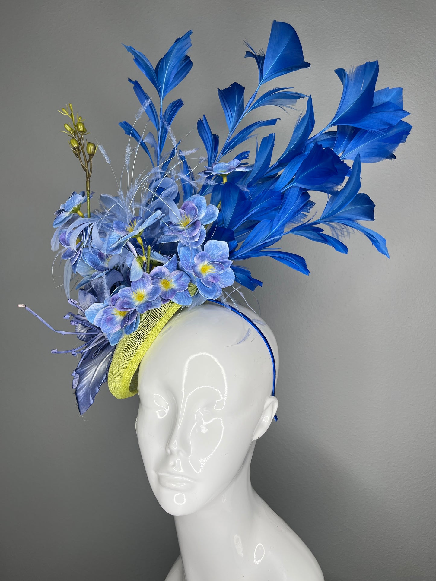 Couture Blue Floral Feather Fascinator – One of a Kind Statement Headpiece