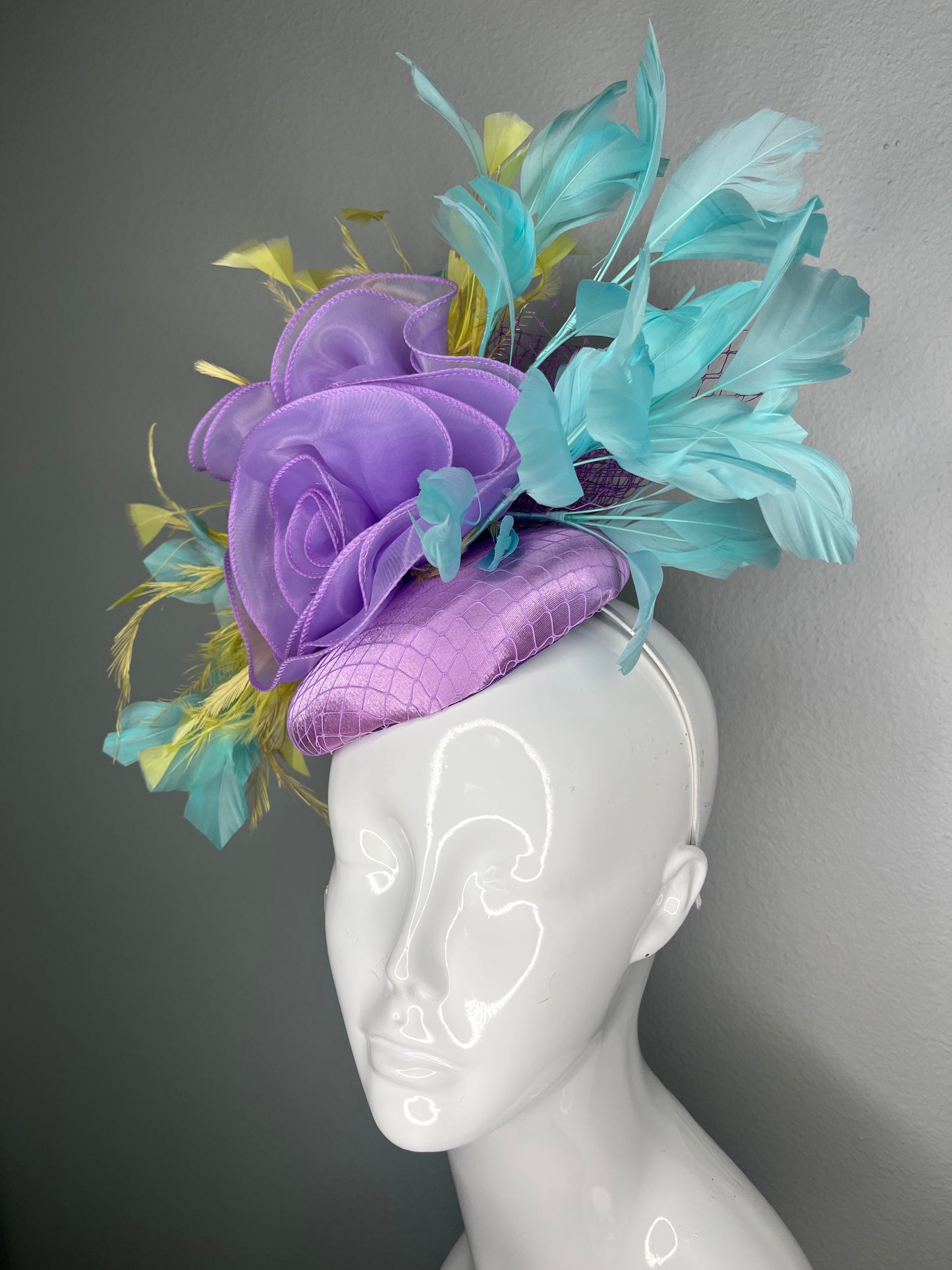 Lavender Bloom Statement Fascinator with Teal & Pale Yellow Feathers | Kentucky Derby Hat | Modern Spring Race Day Headpiece