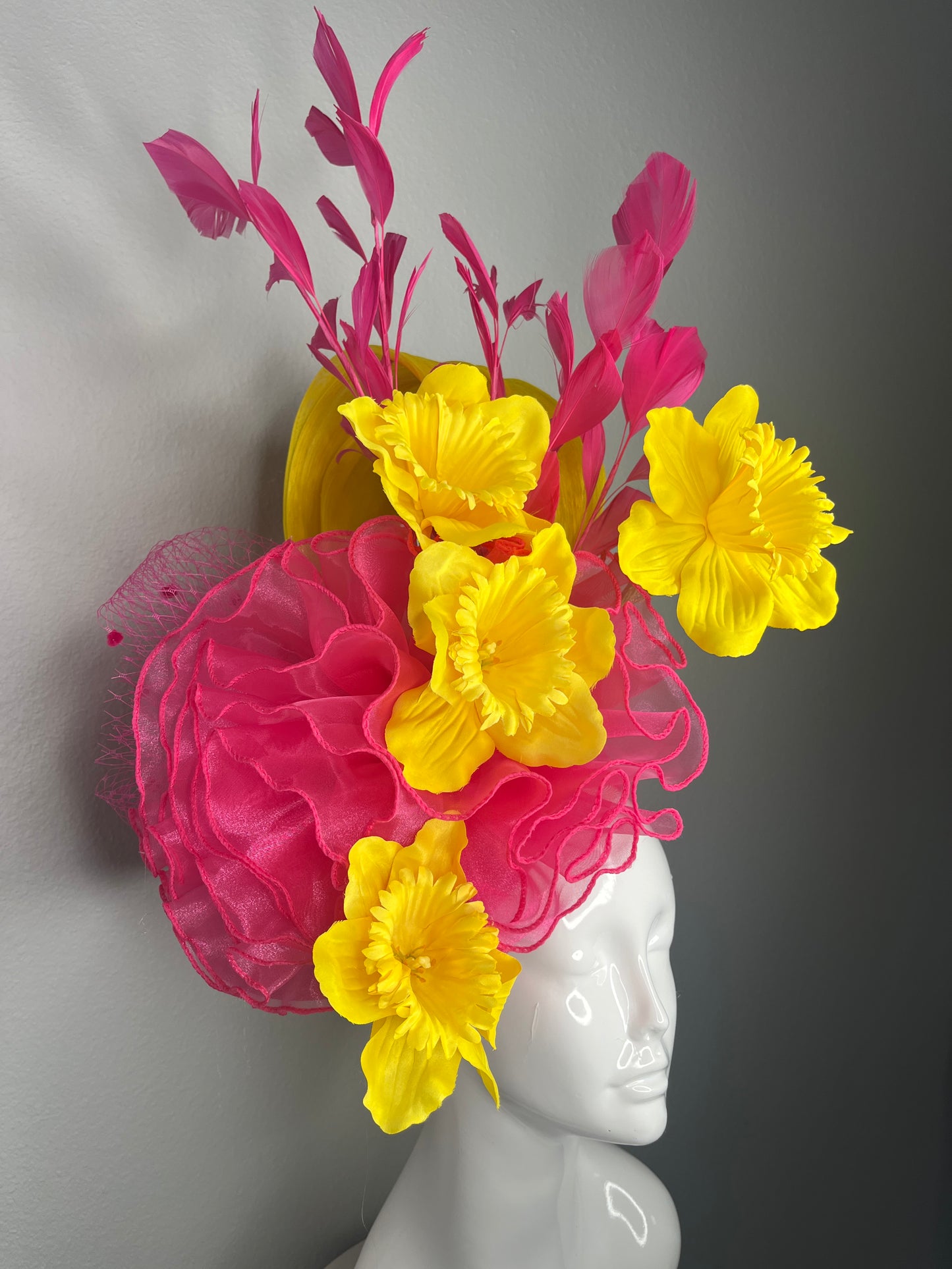 Sunburst Yellow Bloom Hot Pink Feathers with Yellow Silk Statement Fascinator Hat