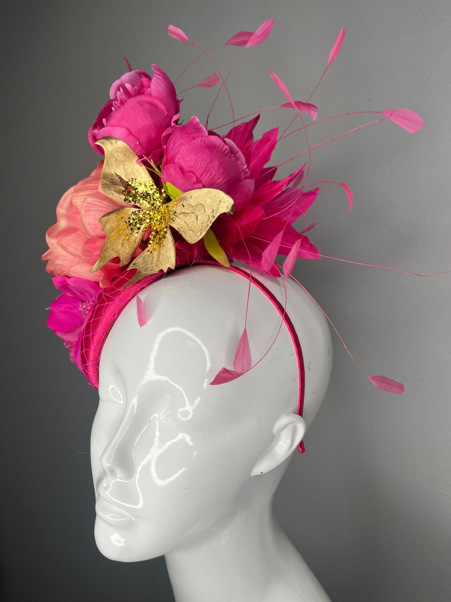 Fuchsia Garden Glam Fascinator – Luxe Peony & Gold Butterfly Statement Headpiece