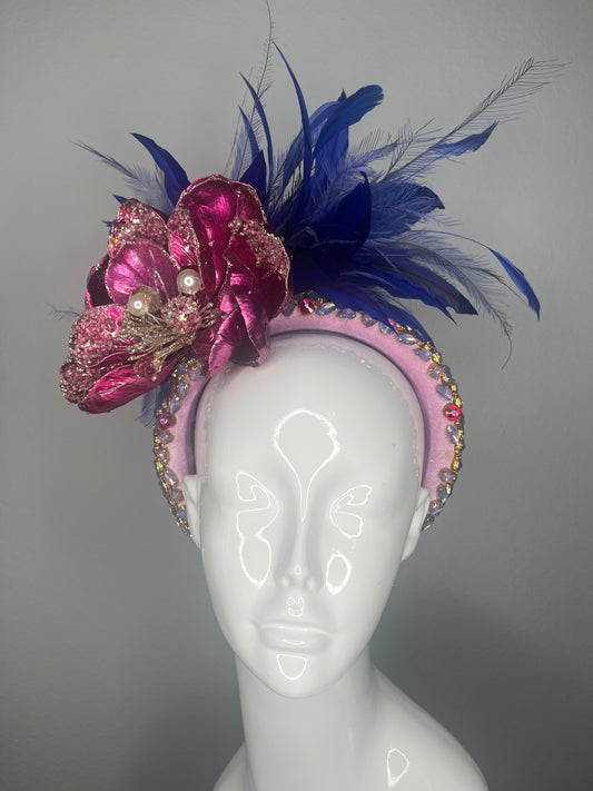 Cobalt & Fuchsia Jewel Derby Fascinator | Embellished Headband with Feathers & Crystal Trim