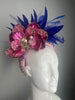 Cobalt & Fuchsia Jewel Derby Fascinator | Embellished Headband with Feathers & Crystal Trim