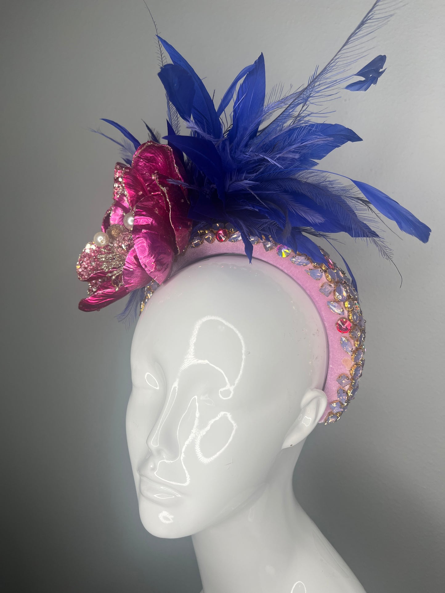 Cobalt & Fuchsia Jewel Derby Fascinator | Embellished Headband with Feathers & Crystal Trim