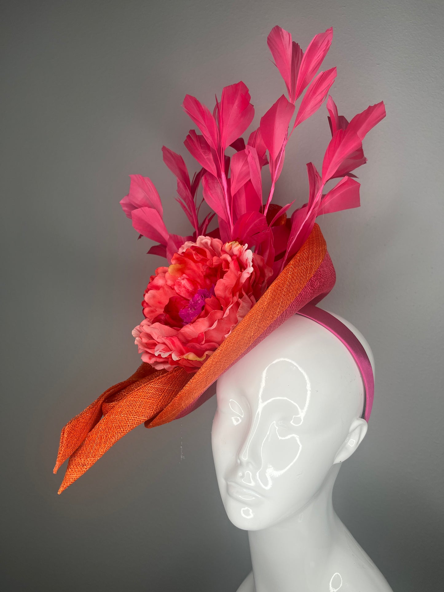 Coral and Fuchsia Floral Fascinator with Sculpted Orange Sinamay and Statement Feathers