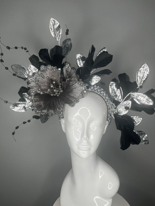 Black and Silver Embellished Floral Headpiece with Crystal Beading and Metallic Leaf Accents