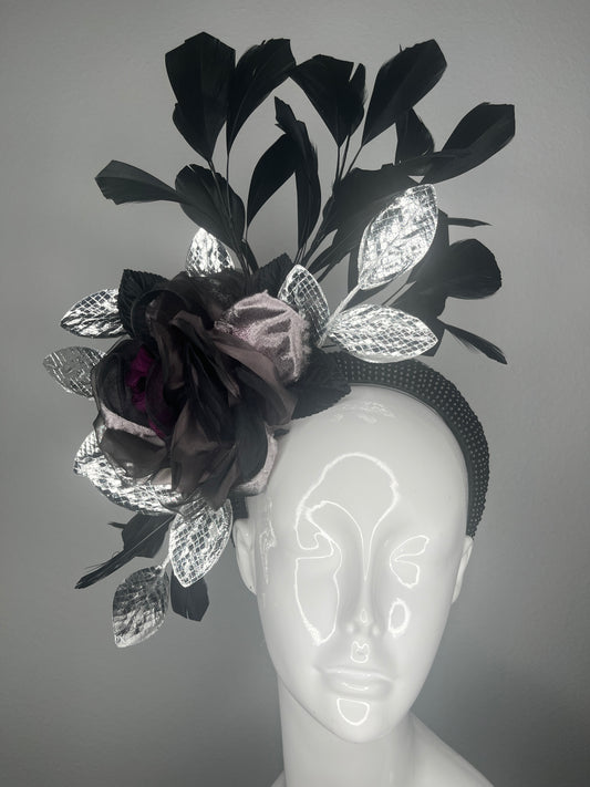 Black and Silver Floral Fascinator with Sculpted Feathers and Metallic Leaf Accents