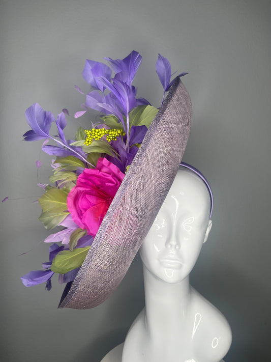 Lavender Purple Kentucky Derby Fascinator Hat – Sculpted Sinamay Headpiece with Pink Floral & Feathers for Race Day